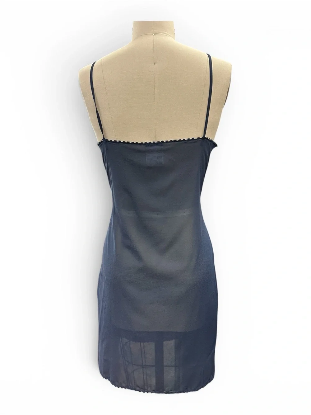 CHANEL Navy Sheer Slip Dress with Delicate Trim